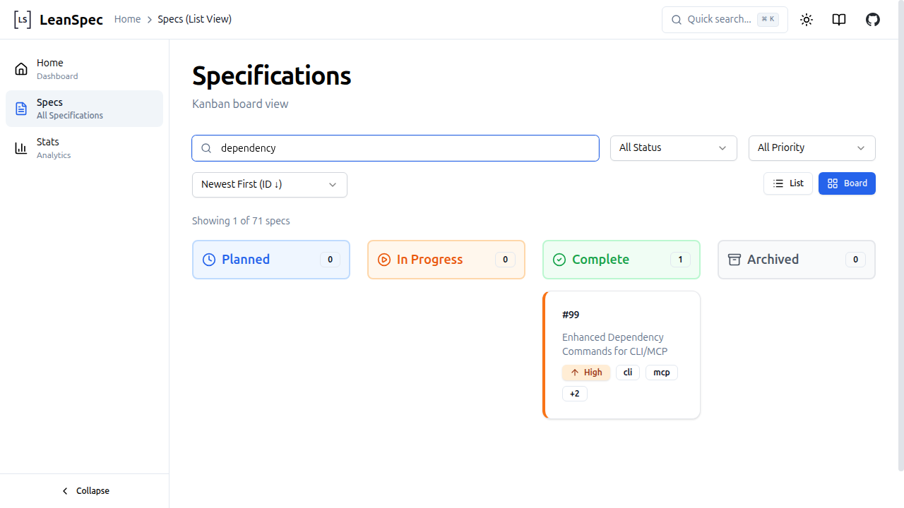 搜索关键字 dependency 后仅显示匹配的卡片与列