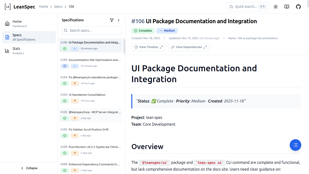 Spec详情视图展示元数据、操作按钮和正文内容